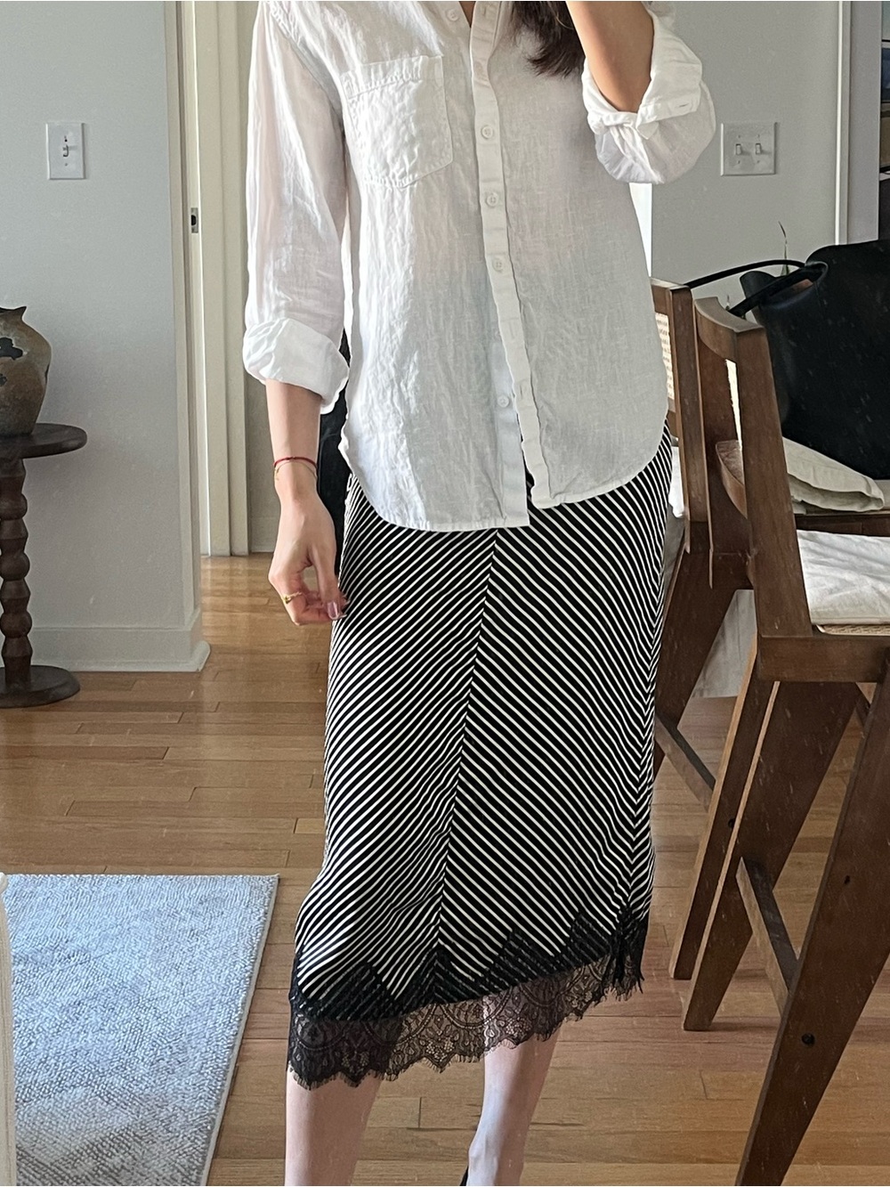 Ivy Black/Ivory Striped Lace Trim Midi Skirt